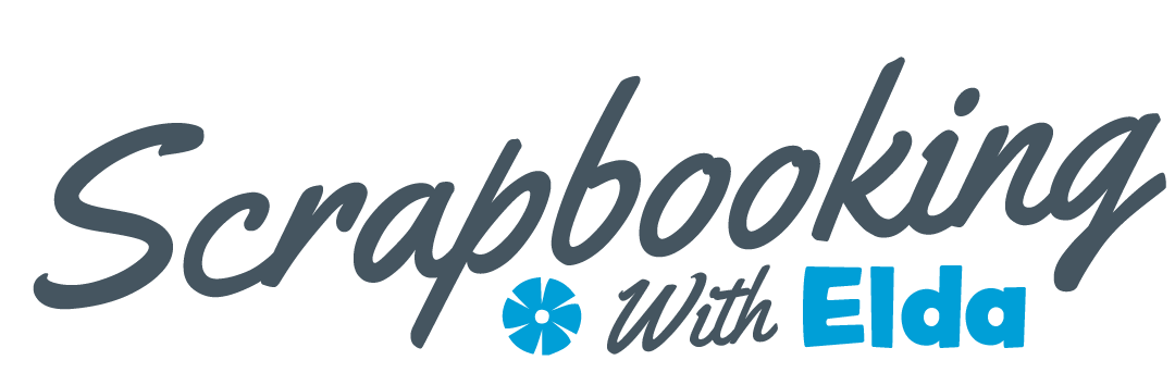 Logo text saying Scrapbooking With Elda with a blue floral icon between the words.